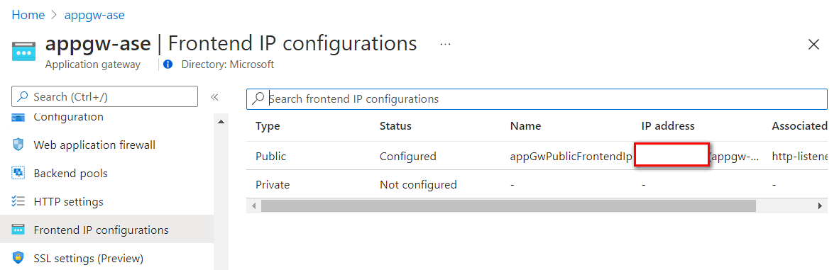 Application gateway frontend IP address can be found in Frontend IP configuration.