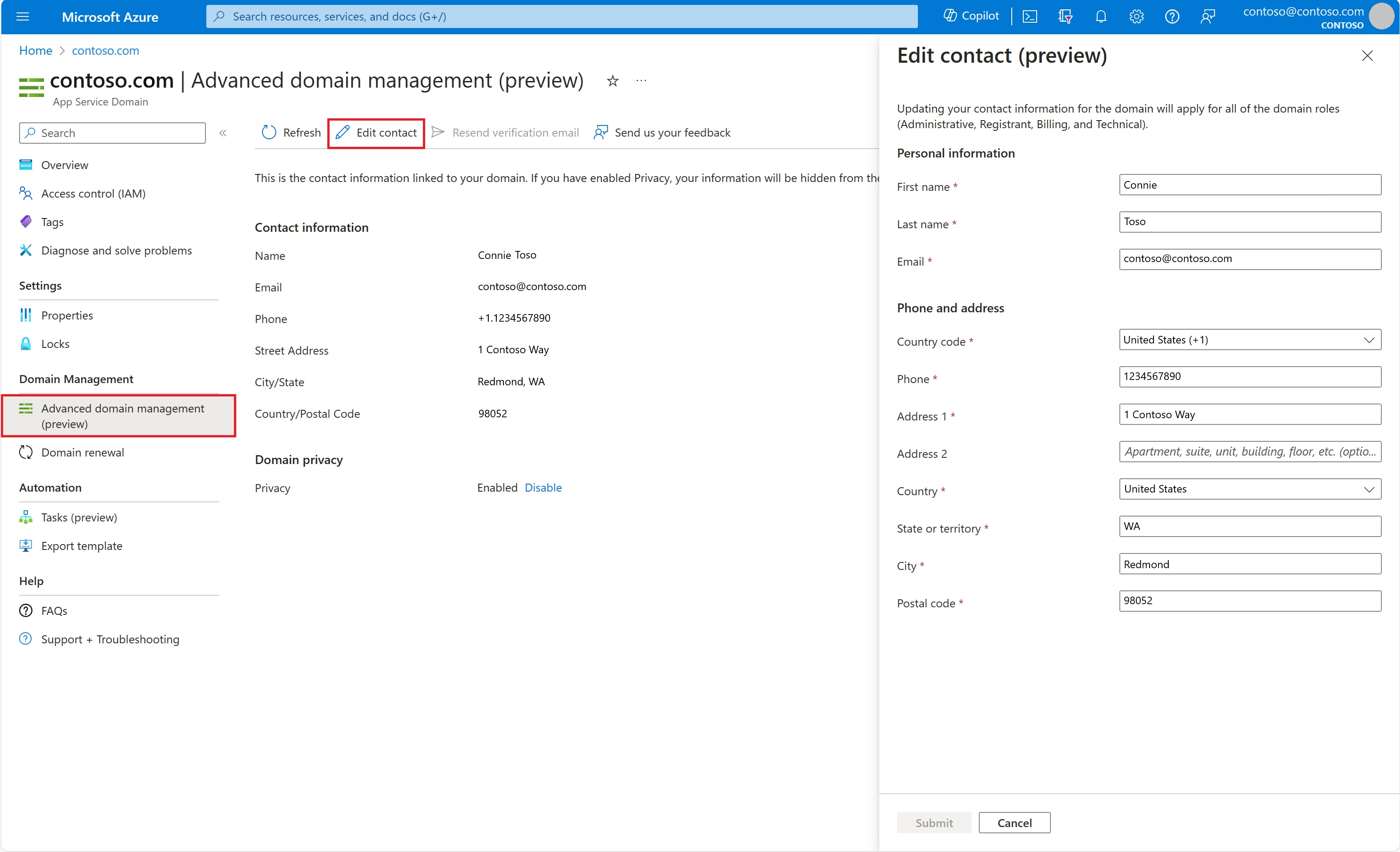 Screenshot showing where to update contact information for a purchased domain.