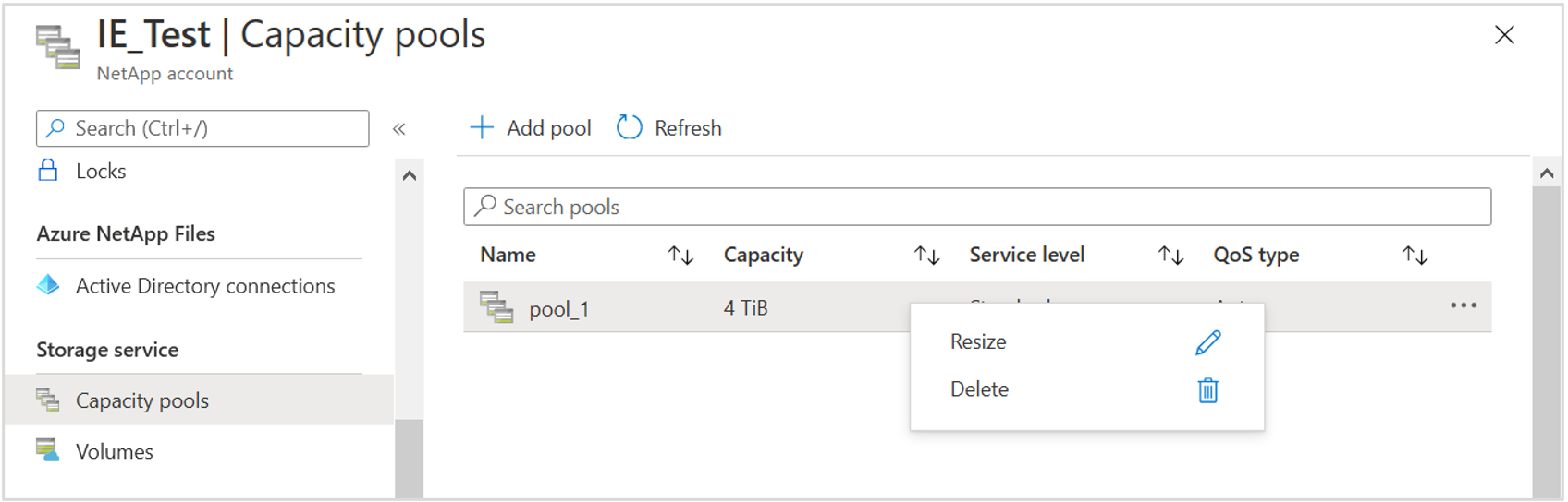 Screenshot that shows pool context menu.