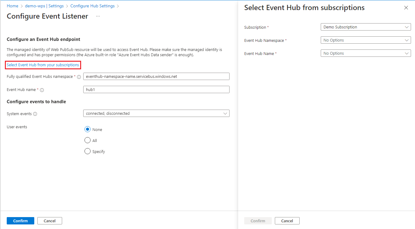 Screenshot of configuring Event Hubs Listener