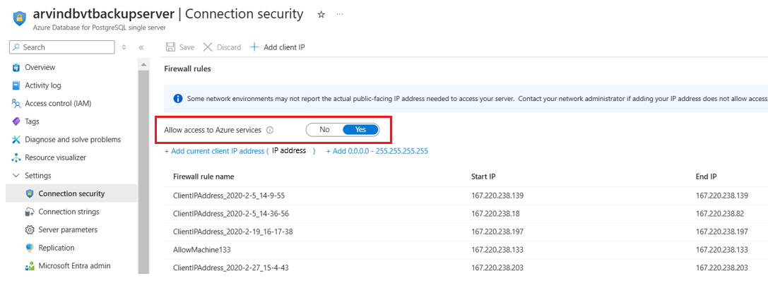 Screenshot showing how to allow access to Azure services.