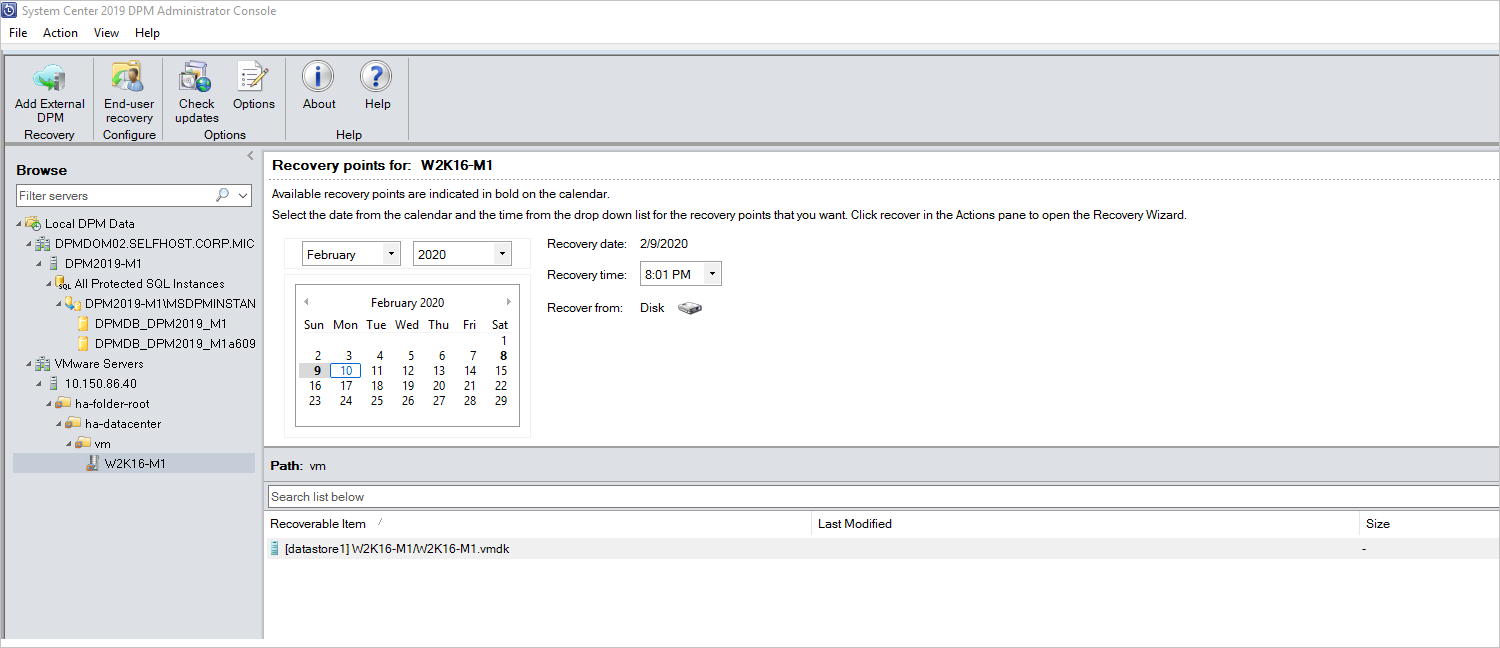 Screenshot showing the recovery points for VMware vCenter Server.