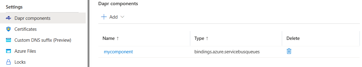 Screenshot of the Azure platform showing existing Dapr Components.
