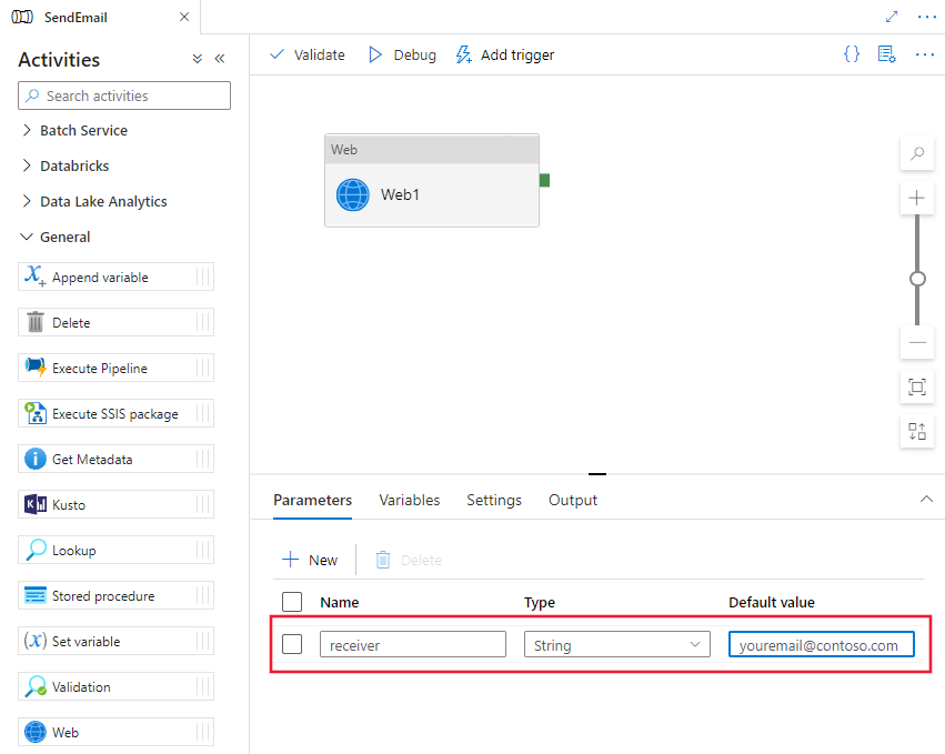 Shows the configuration of the receiver parameter in the pipeline designer.