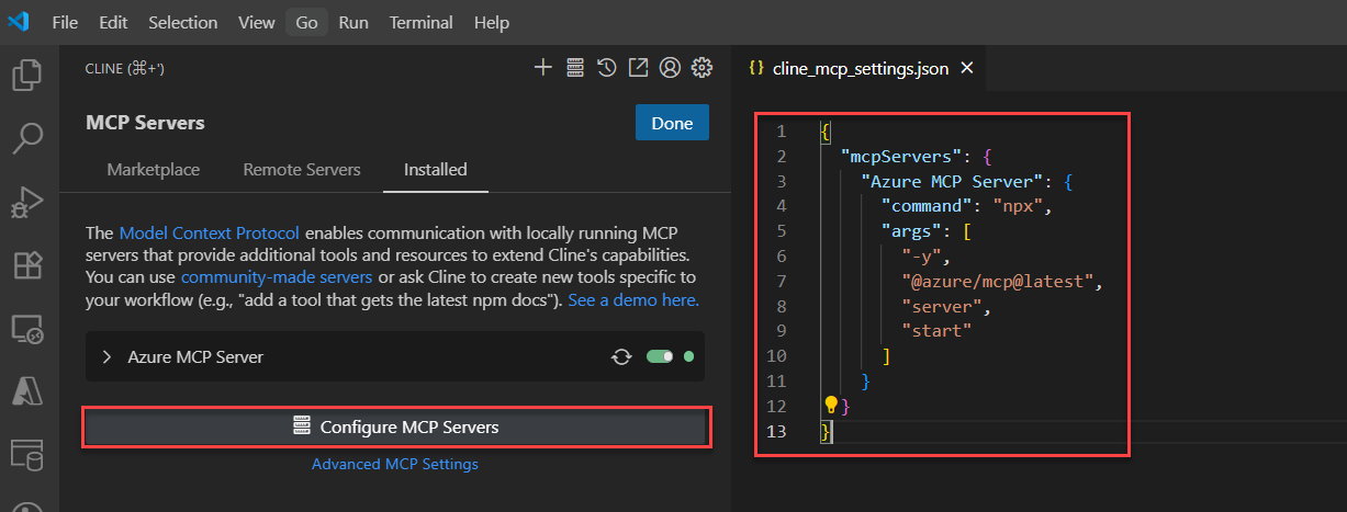 A screenshot showing how to configure an MCP Server in Cline.