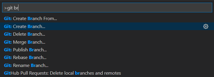 Screenshot of a search for git branch and select Git Create Branch.