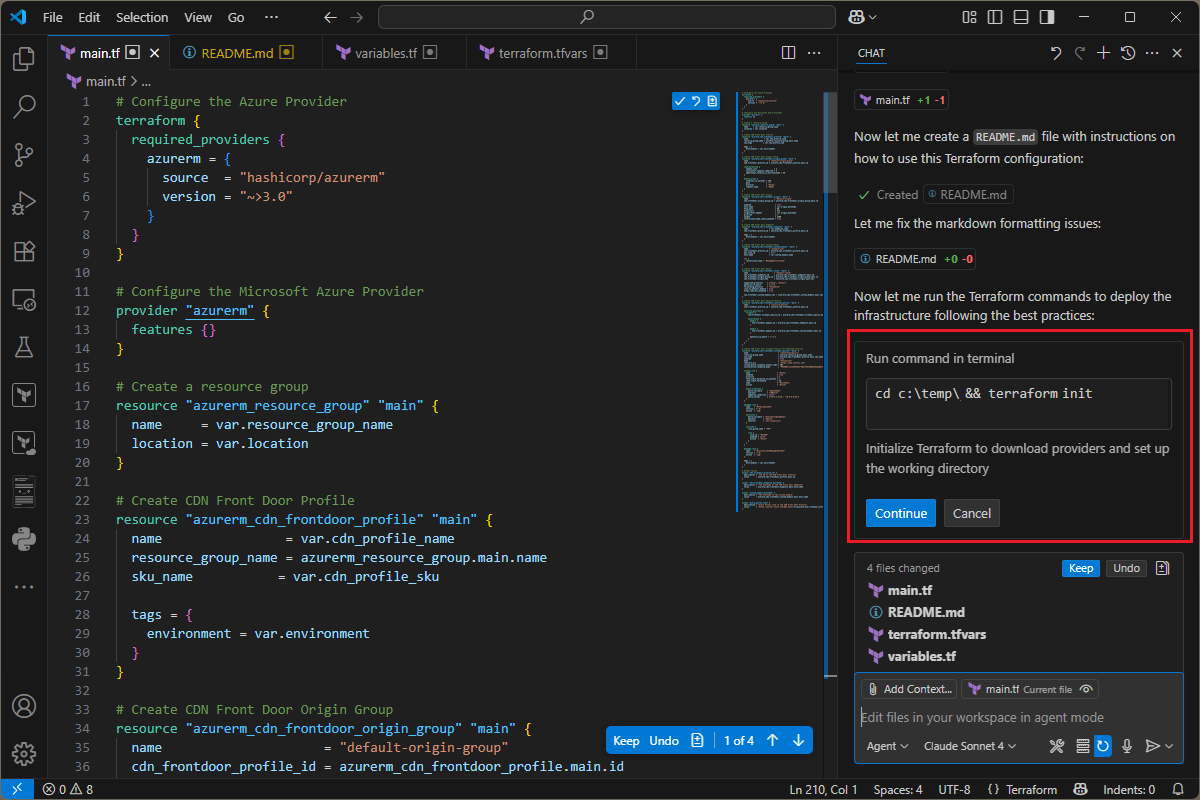 Screenshot of the Copilot option to run various Terraform commands.