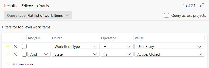 Query editor, flat list, user stories - active or closed