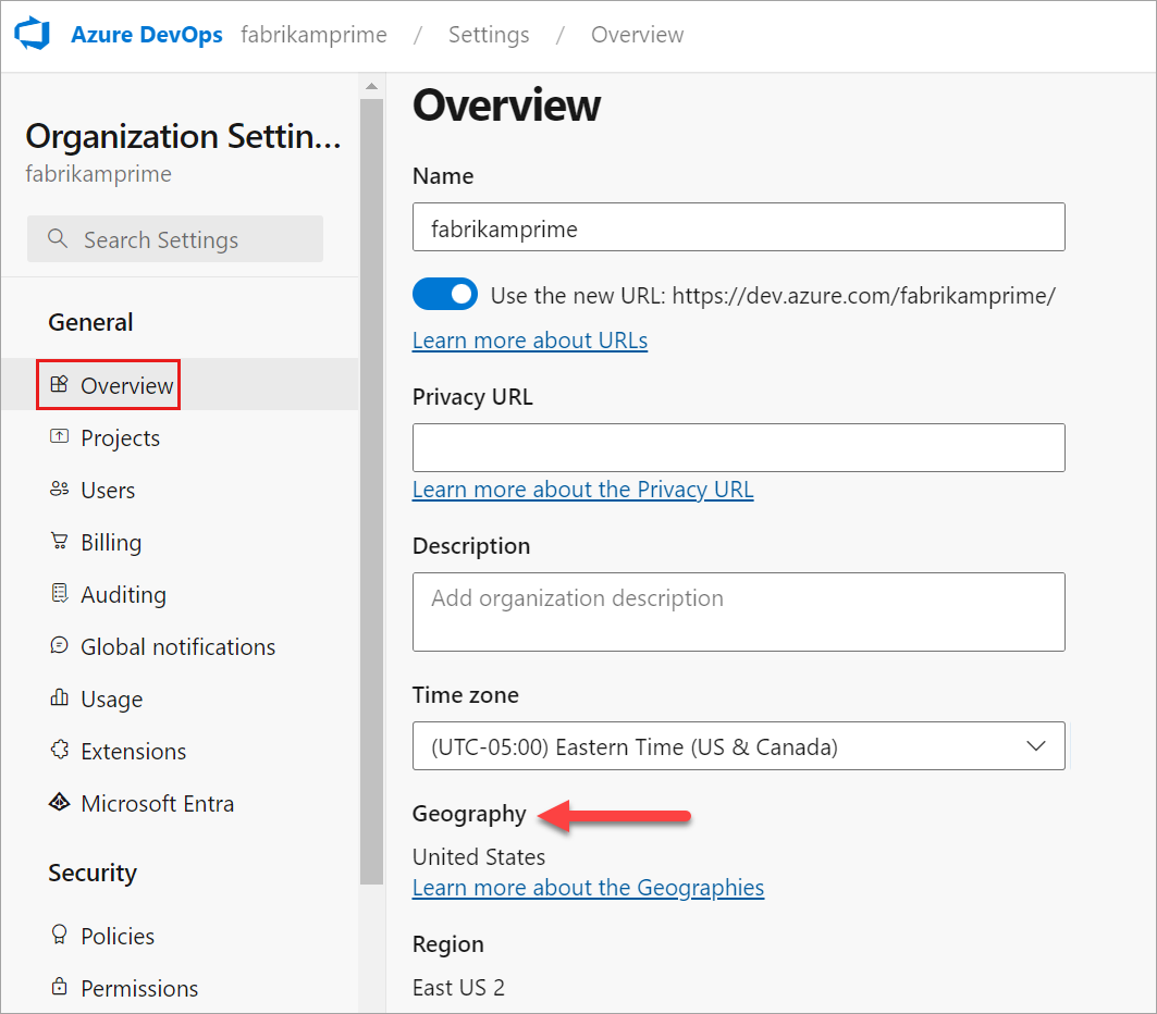 Screenshot showing the geography in Organization settings.