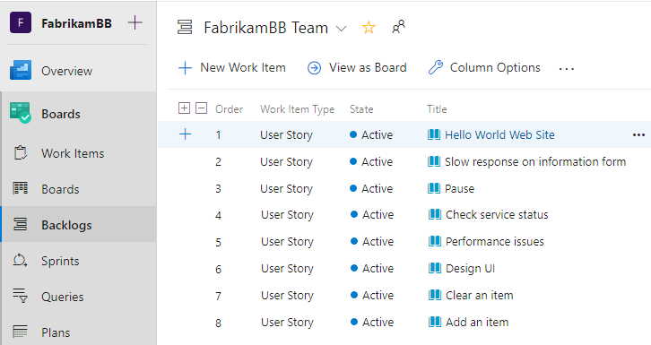 Screenshot of team backlog.