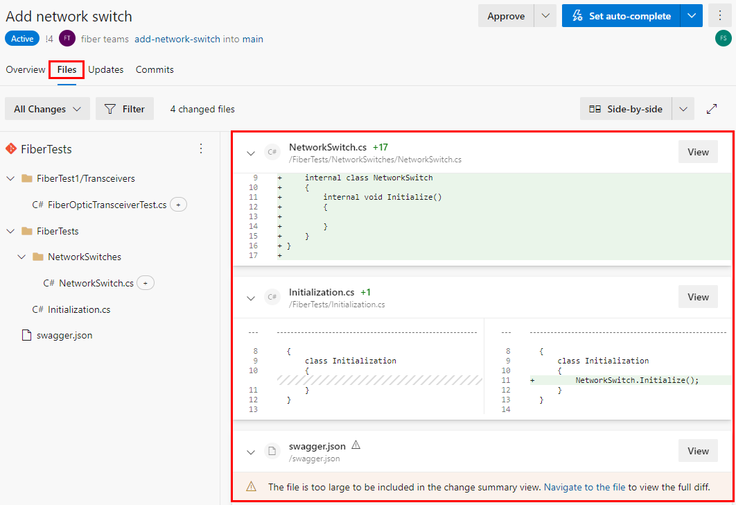 Screenshot of a change summary view in the Files tab of a P R.