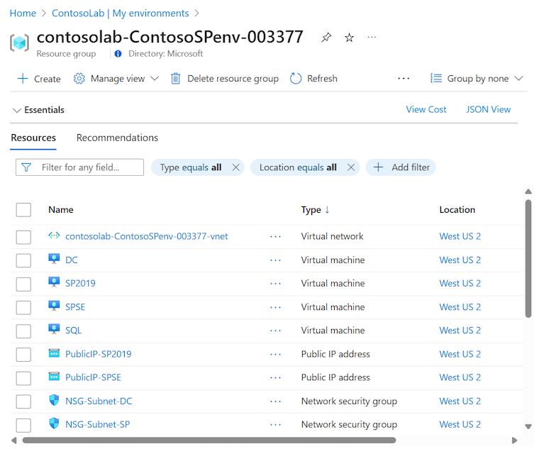 Screenshot that shows the resource group with all the environment resources, including VMs, disks, the virtual network, and more.