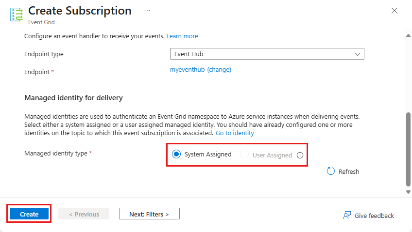 Screenshot that shows the Create Subscription page with Create button selected.