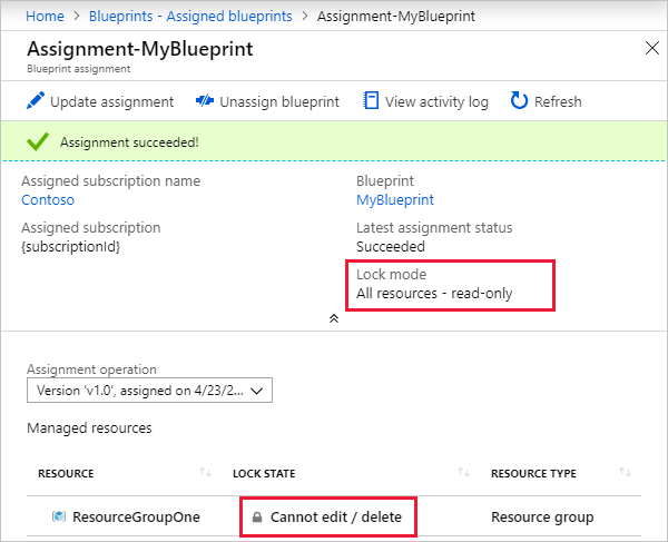 Screenshot of an updated blueprint assignment showing the lock mode changed.