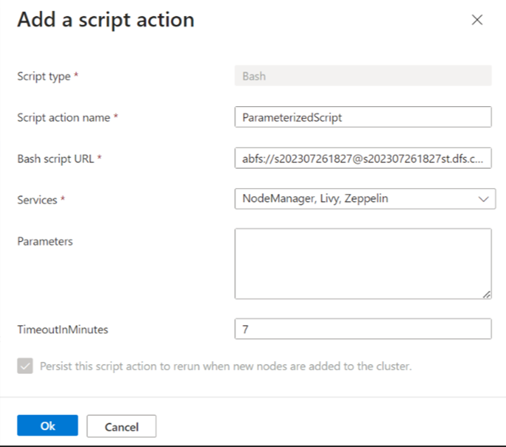 Screenshot showing how to add Script action window opens in the Azure portal.