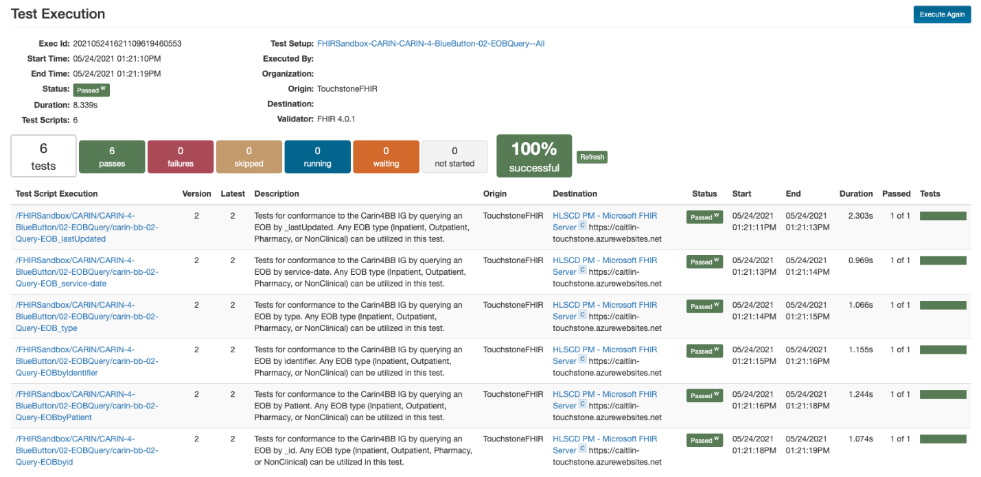 Touchstone EOB query execution results.