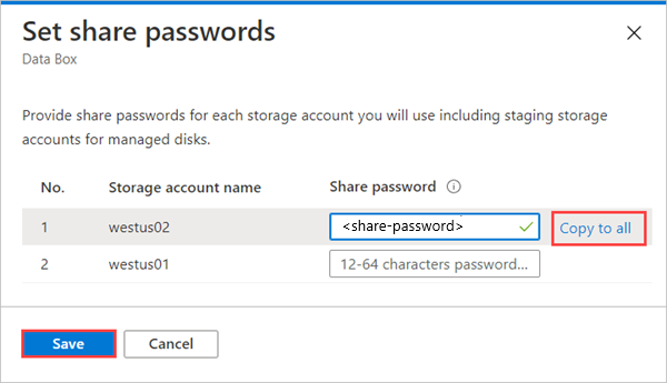 Screenshot of Set Share Passwords screen for a Data Box order. The Copy To All link and the Save button are highlighted.