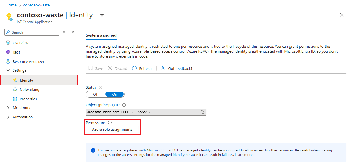 Screenshot of identity page for IoT Central application in the Azure portal.