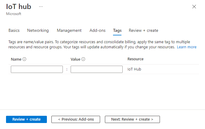 Screen capture that shows how to assign tags for a new IoT hub.