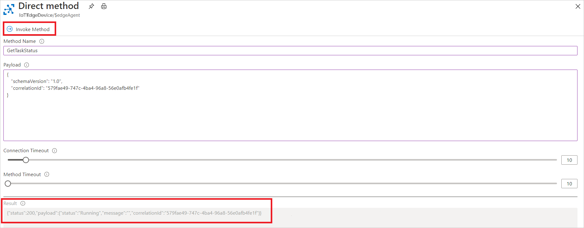 Screenshot of the Azure portal showing how to invoke the direct method GetTaskStatus.