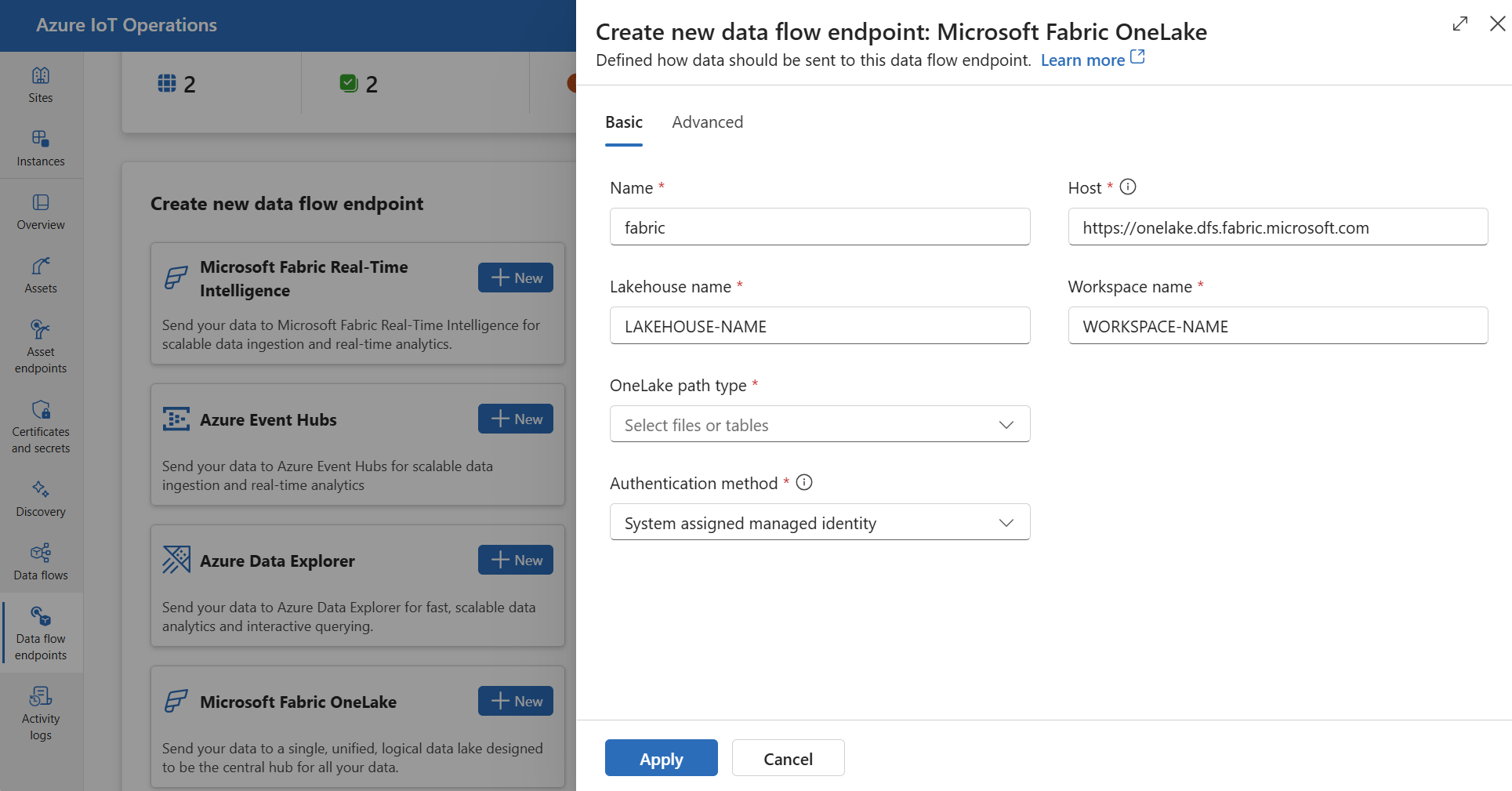 Screenshot using operation experience to create a Microsoft Fabric OneLake data flow endpoint.