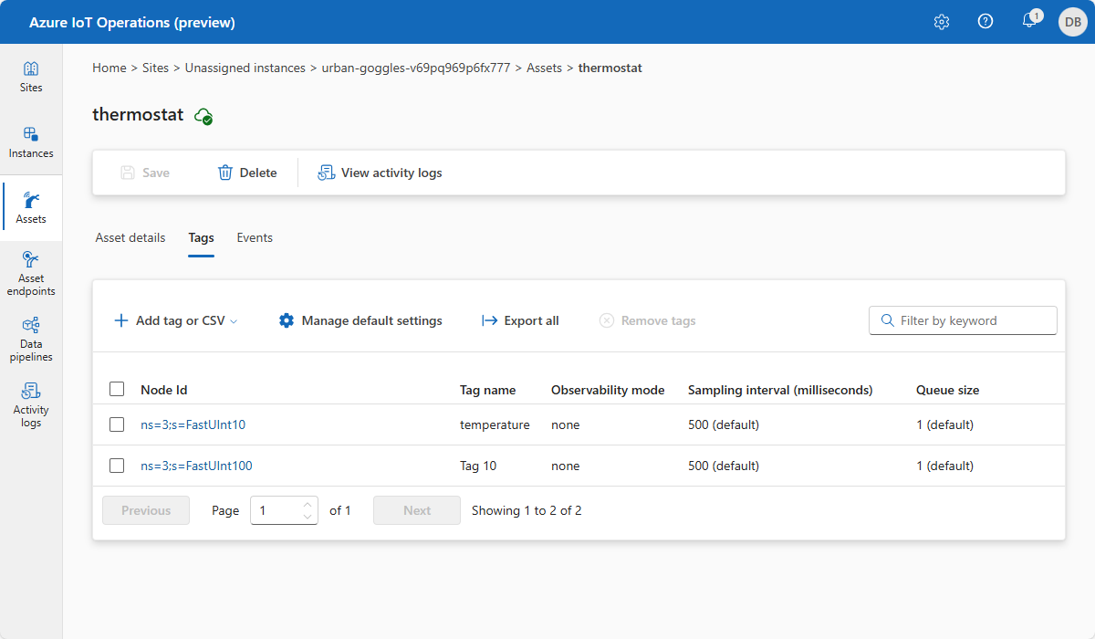 A screenshot that shows the thermostat asset in the Azure IoT Operations (preview) portal.