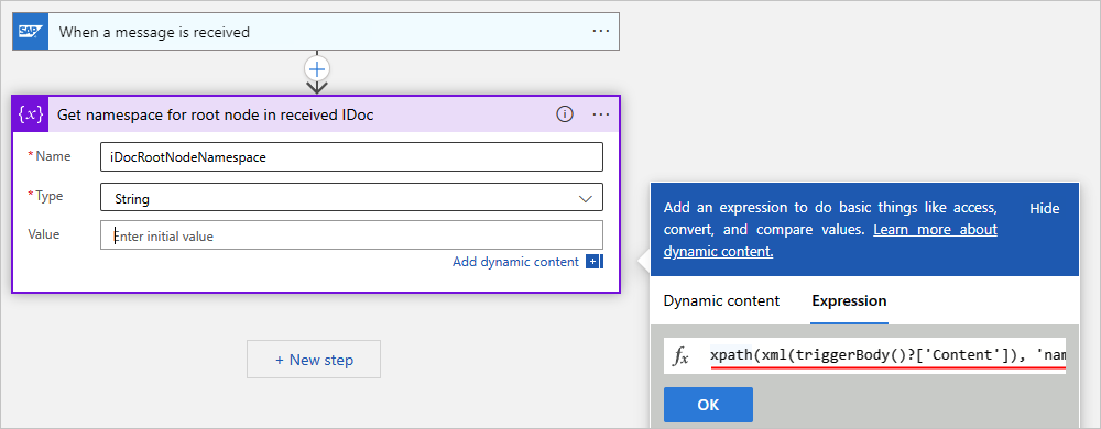 Screenshot shows the expression to get the root node namespace from received IDoc for a Consumption workflow.