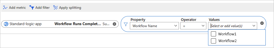 Screenshot showing example added metrics filter for Standard logic app.