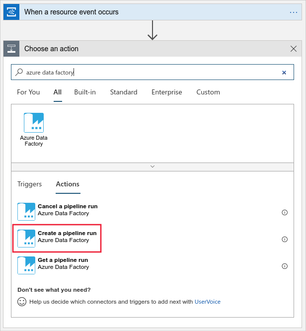 Screenshot shows the Choose an action pane with Create a pipeline run selected.