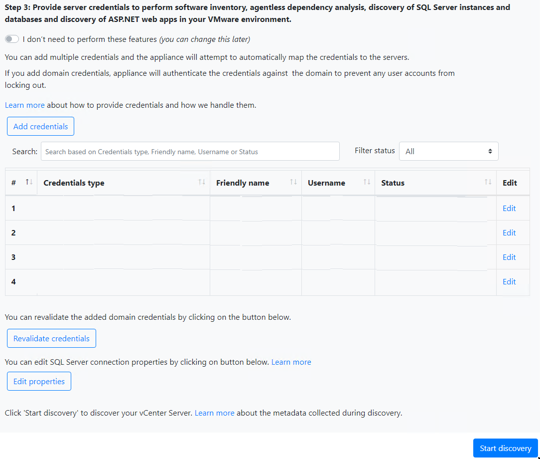 Screenshot that shows providing and validating multiple credentials.