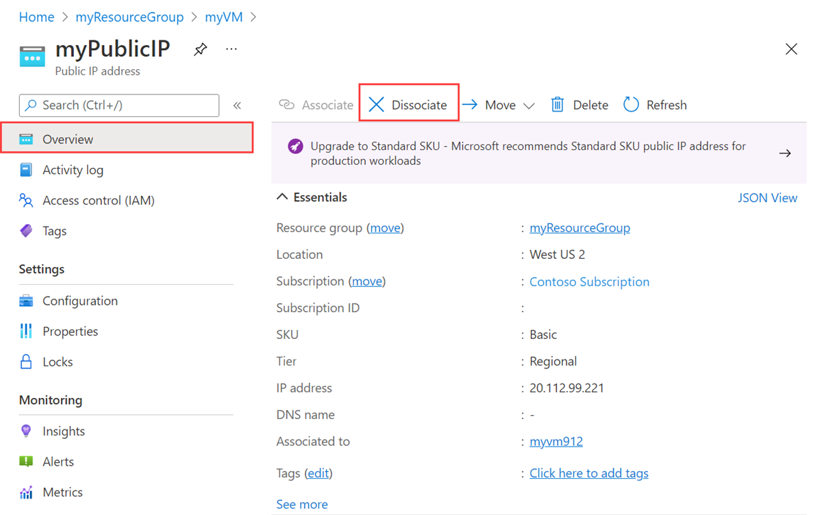 Screenshot of virtual machines public IP address overview and removal of IP address.