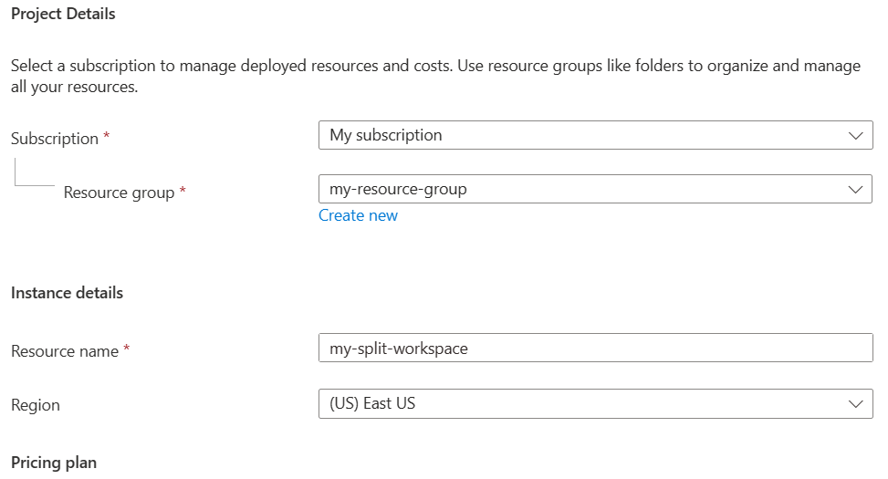 Screenshot of the Azure portal, filling out the basic tab to create a new resource.