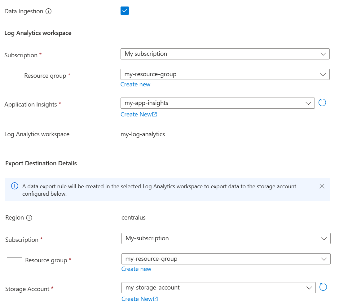 Screenshot of the Azure portal, filling out the data source tab to create a new resource.