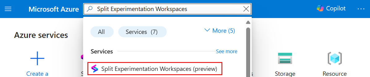 Screenshot of the Azure portal, finding Split Experimentation Workspace from the search bar.