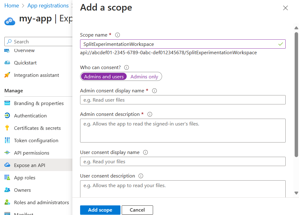 Screenshot of the Microsoft Entra admin center showing how to add a scope.