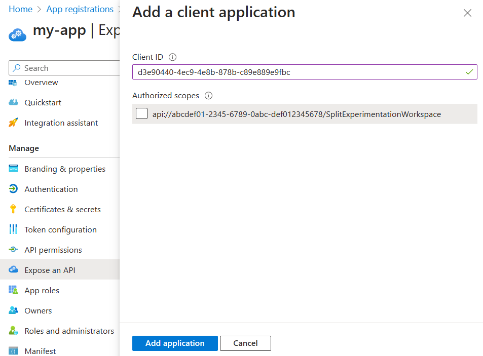 Screenshot of the Microsoft Entra admin center showing how to authorize the Split Experimentation Resource Provider ID.