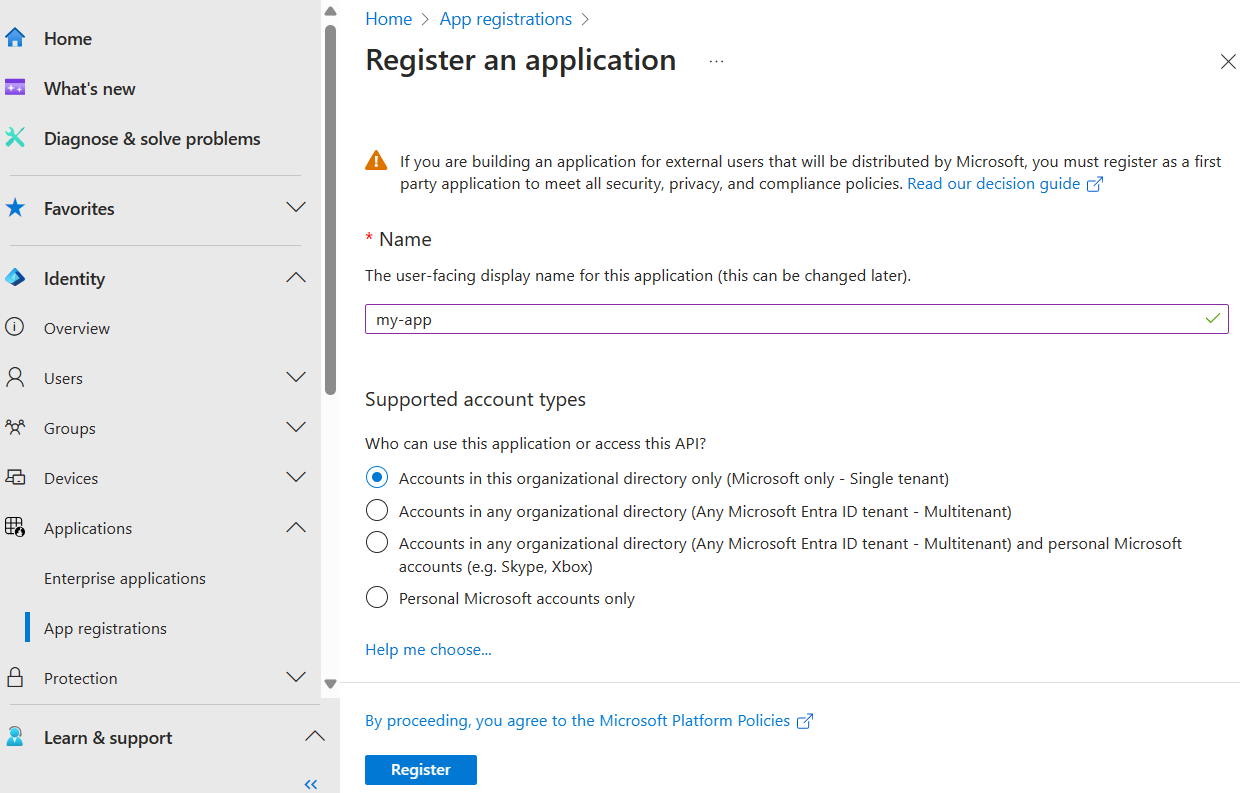 Screenshot of the Microsoft Entra admin center showing the App registrations page.