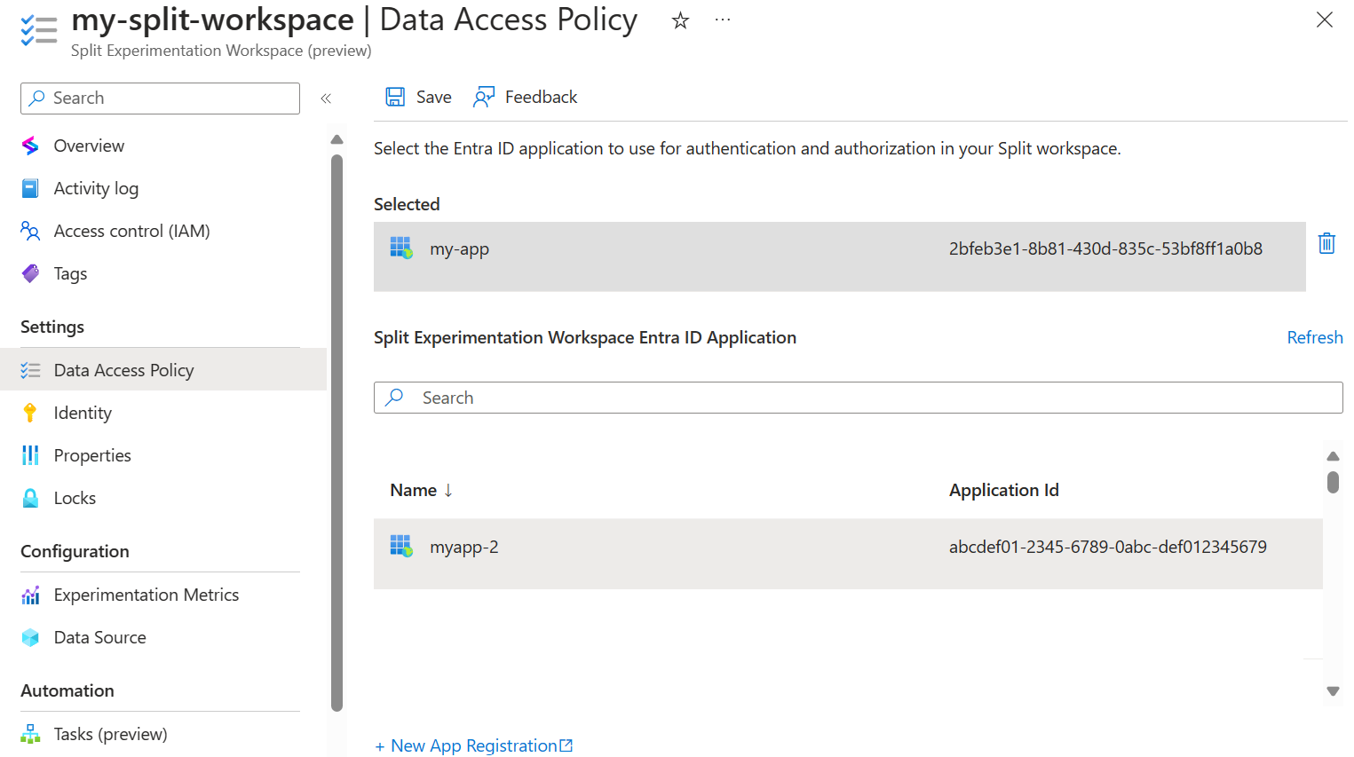 Screenshot of the Azure platform showing the data access policy menu.