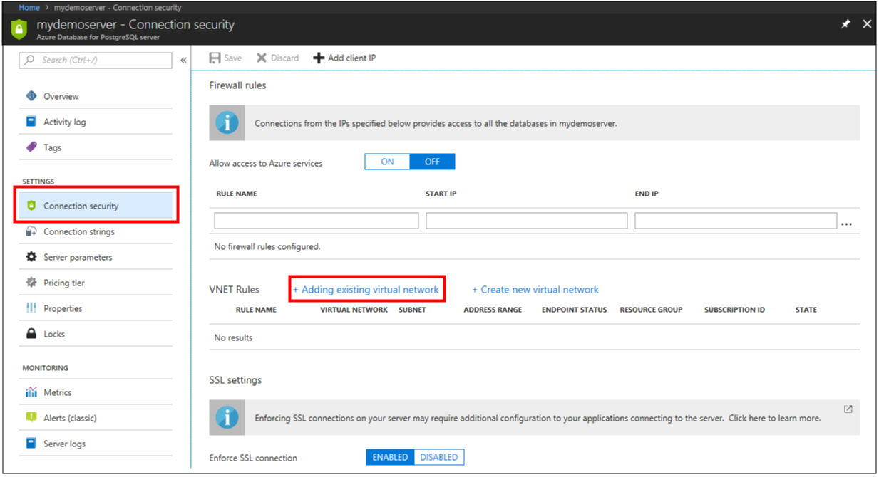 Azure portal - select Connection security