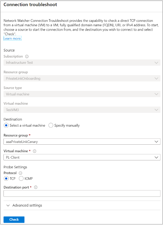 Screenshot of Network Watcher - Connection troubleshoot.