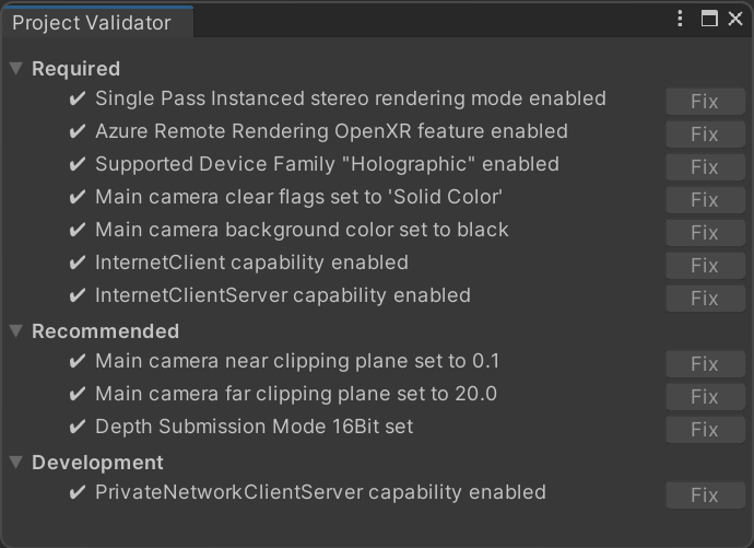 Screenshot of the Unity Project Validator dialog. The dialog shows a list of required, recommended, and development rules that are all successful checked.