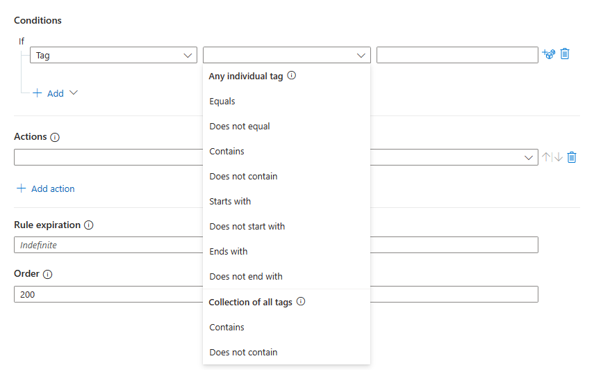 Screenshot of list of operators for tag condition in create trigger rule--for onboarded workspaces.