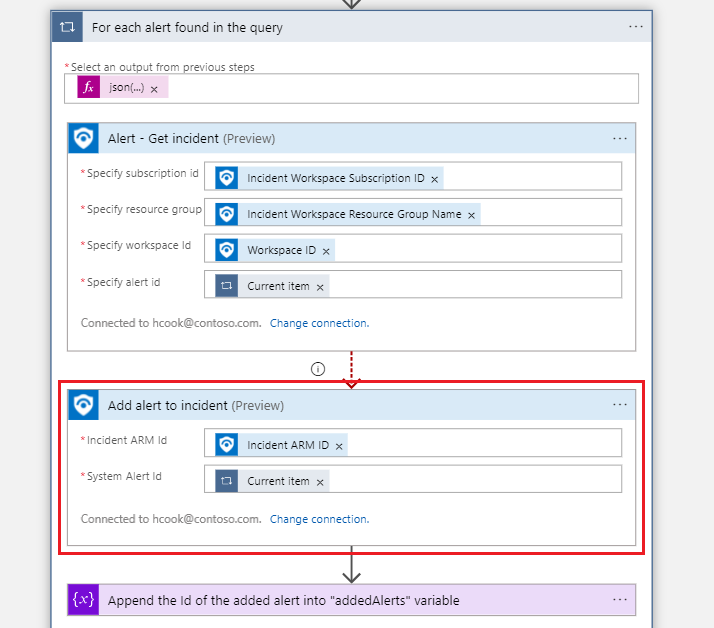 Screenshot of adding an alert to an incident using a playbook action.