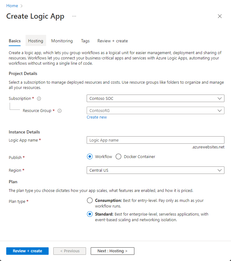 Screenshot of Create a Standard logic app.