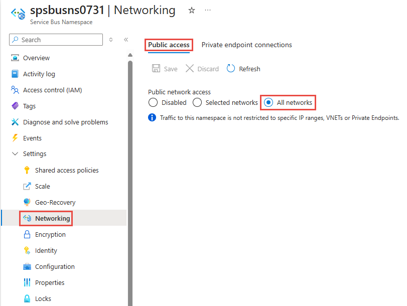 Screenshot of the Azure portal Networking page. The option to allow access from All networks is selected on the Firewalls and virtual networks tab.
