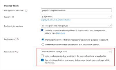 Screenshot showing the location of the geo priority replication checkbox for a new storage account.