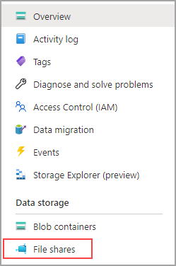 Screenshot showing how to select file shares from the storage account pane.