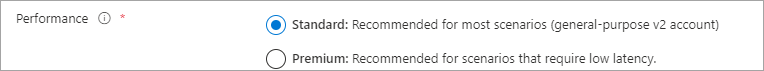 A screenshot of the performance radio button with standard selected and account kind with storagev2 selected.