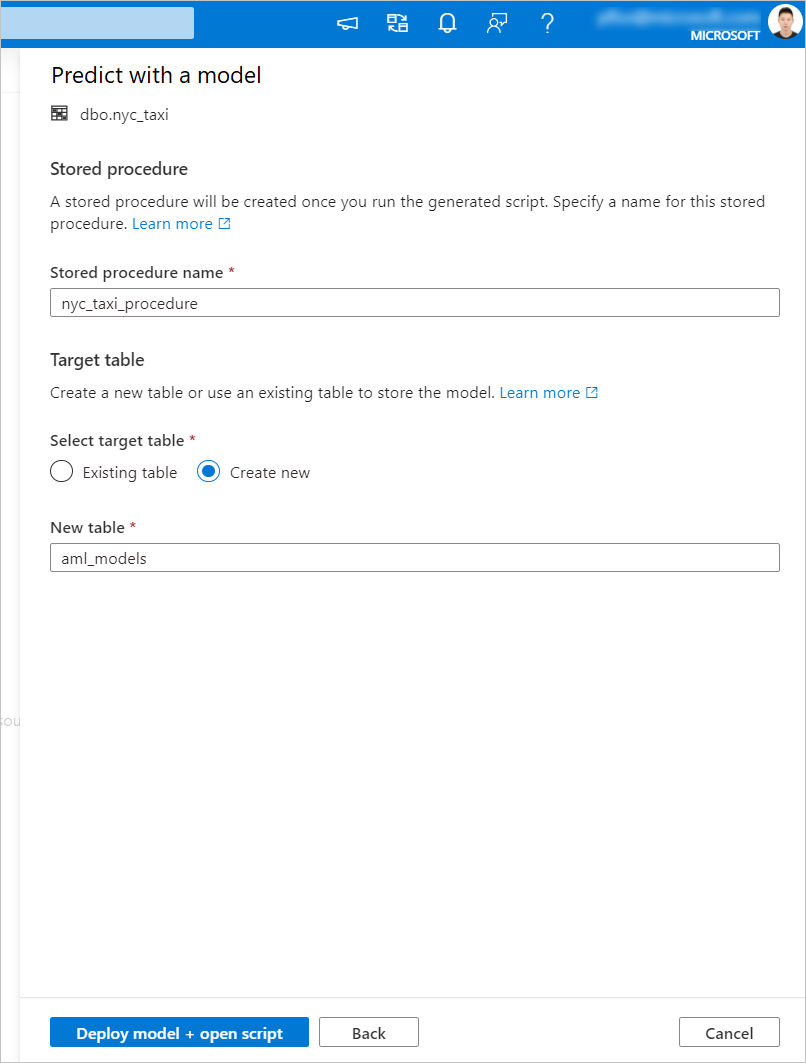 Screenshot that shows selections for creating a stored procedure.