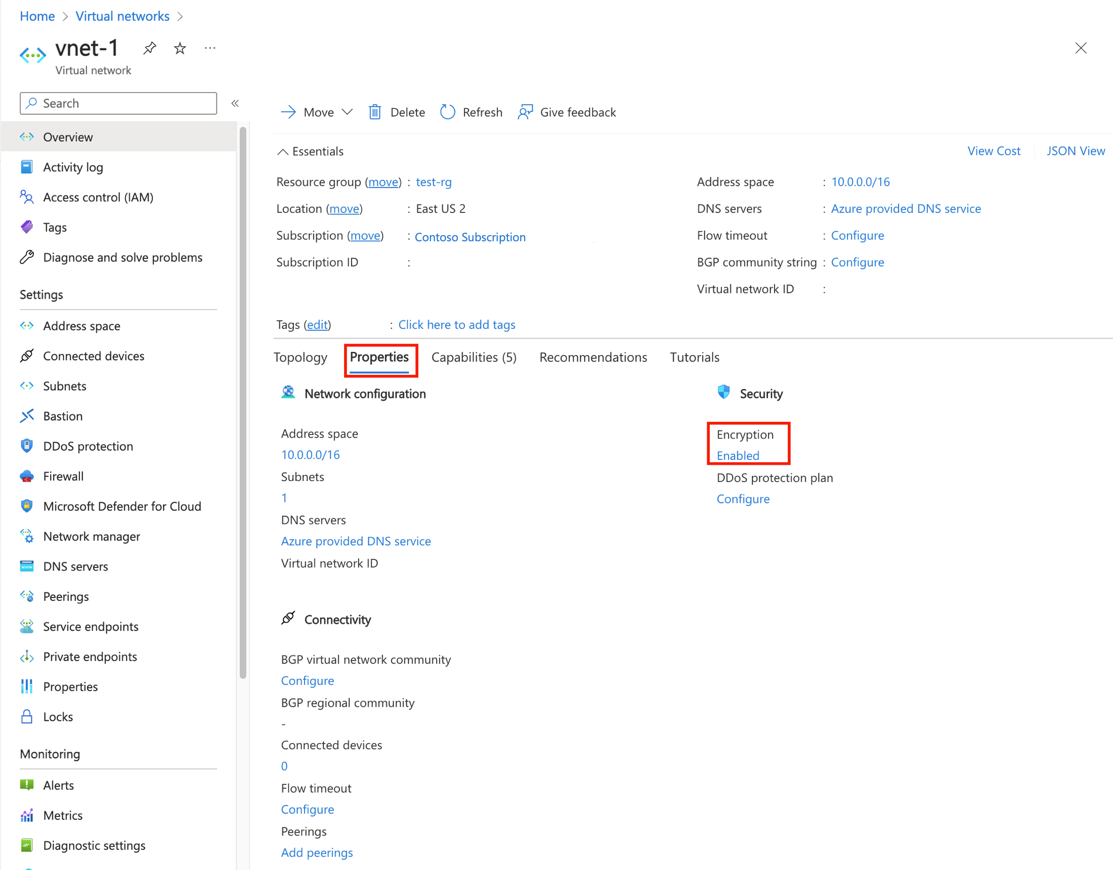 Screenshot of properties of the virtual network with encryption enabled.